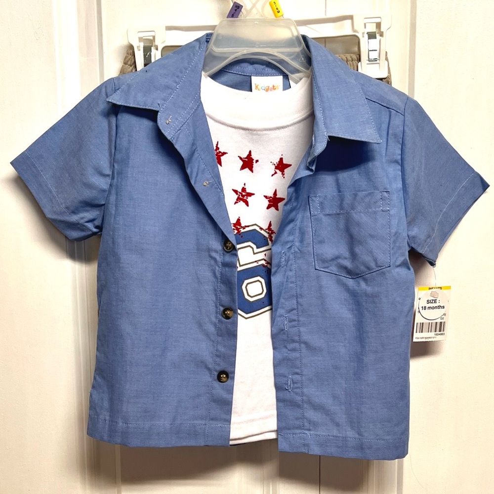Kidgets Blue Short-Sleeve Button-Down Shirt White Graphic Tee Set Size 18M NWT